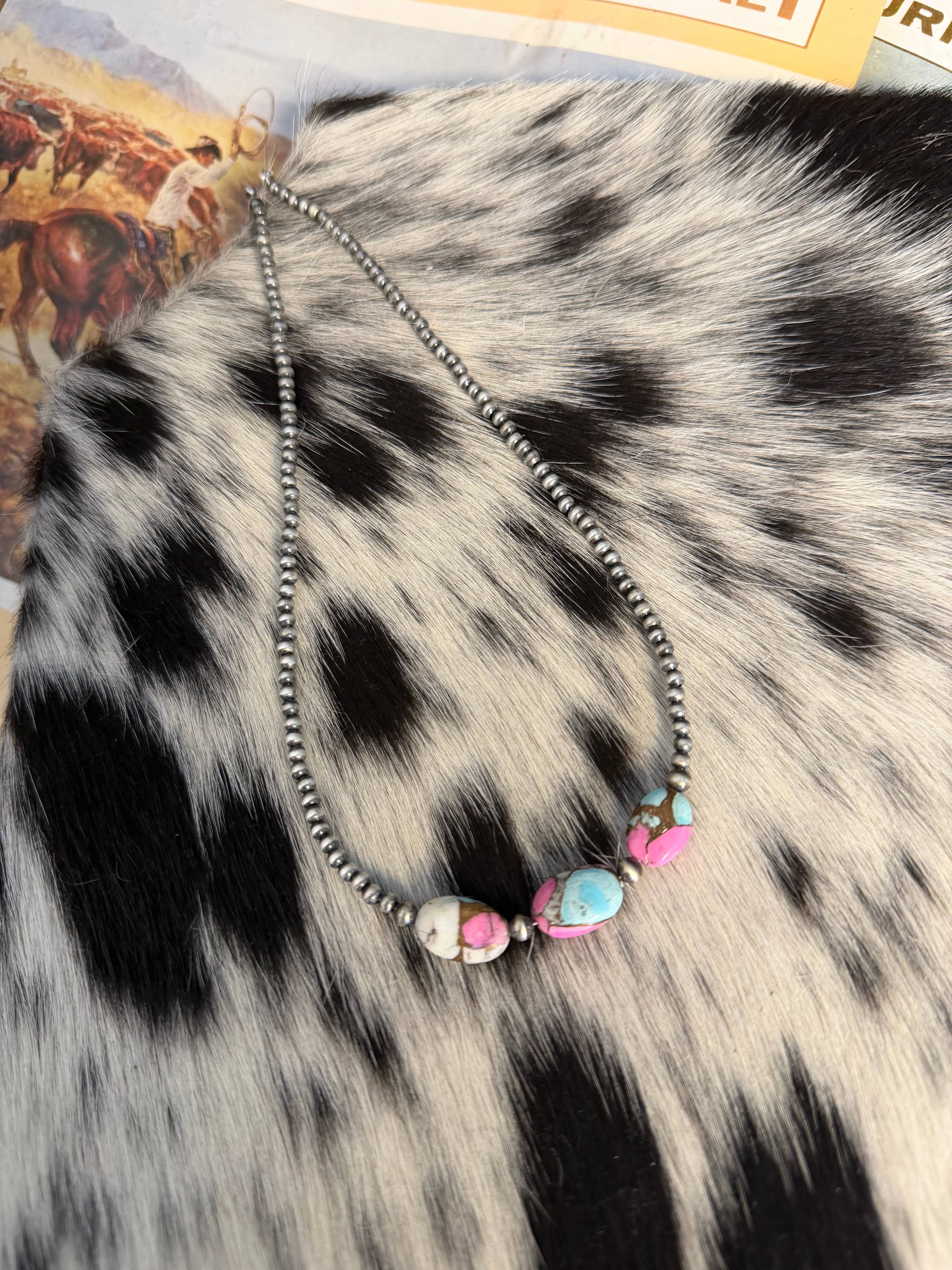 #122 Sterling Silver Pearls with Cotton Candy Stones : 18"