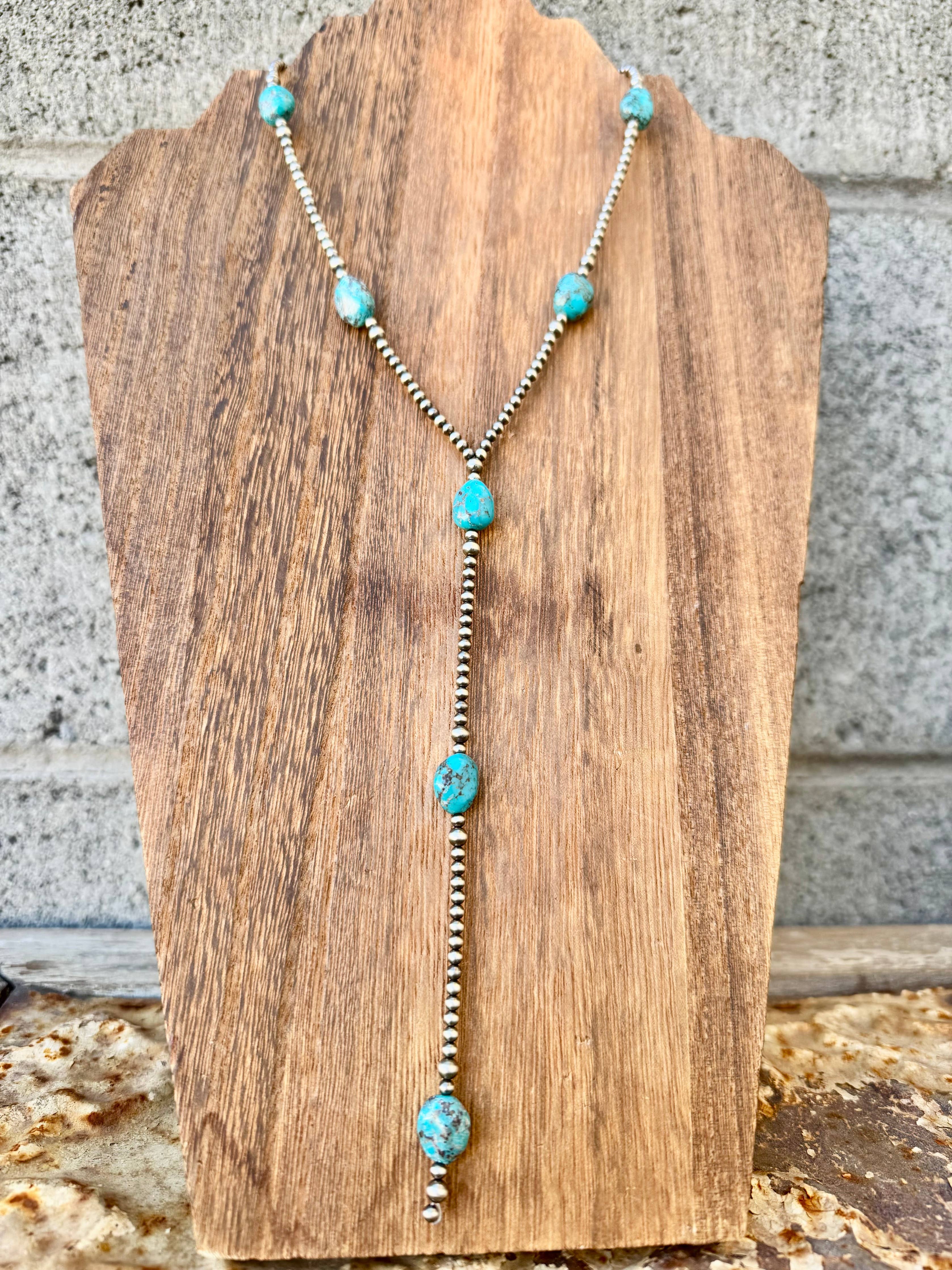Navajo Pearl Lariat Necklace/ Turquoise Y Necklace/Sterling
