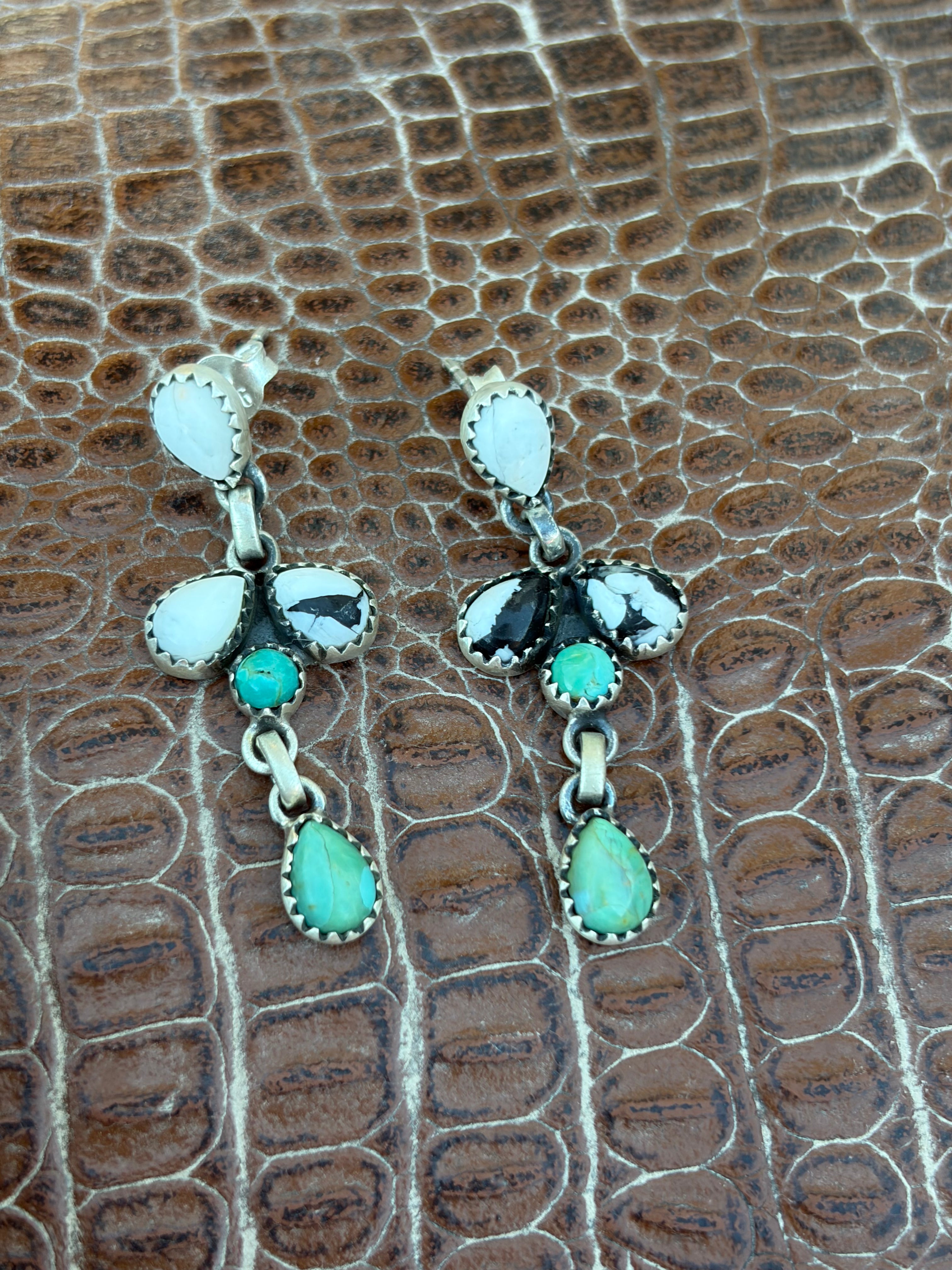 Half cluster turquoise & white buffalo dangle earrings