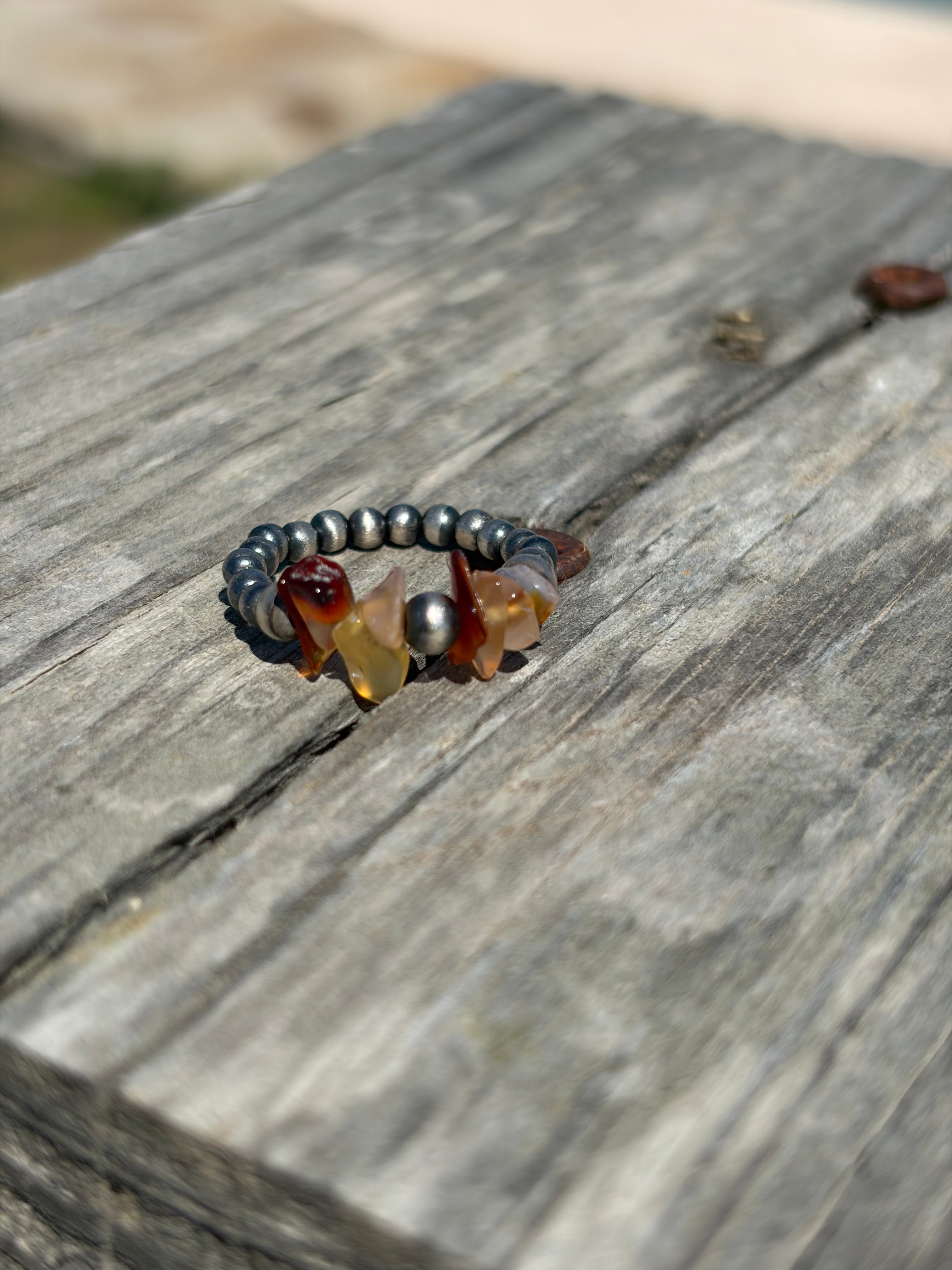 Amber & Sterling Silver pearl stretch ring