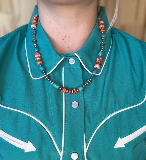 #018 Orange Spiny/Turquoise & Sterling Pearls