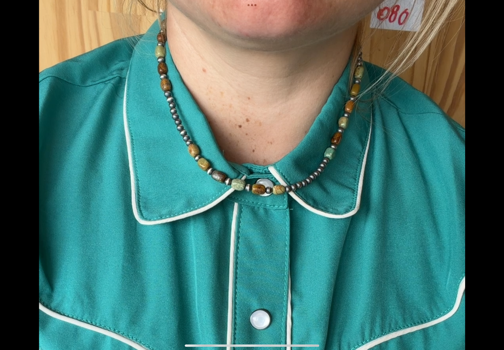 #080 Turquoise Square Beads with Sterling Pearls : 18"