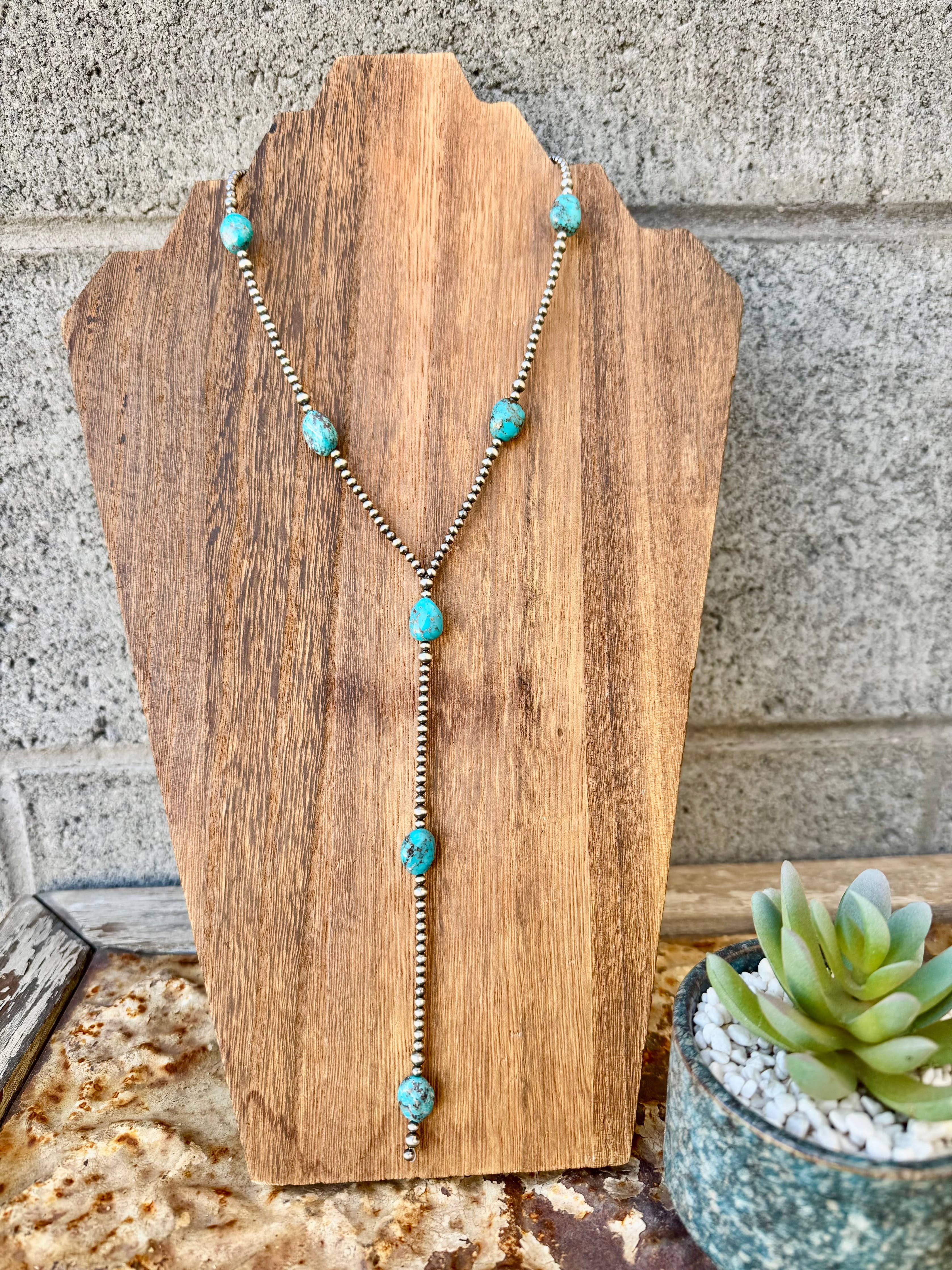 Navajo Pearl Lariat Necklace/ Turquoise Y Necklace/Sterling