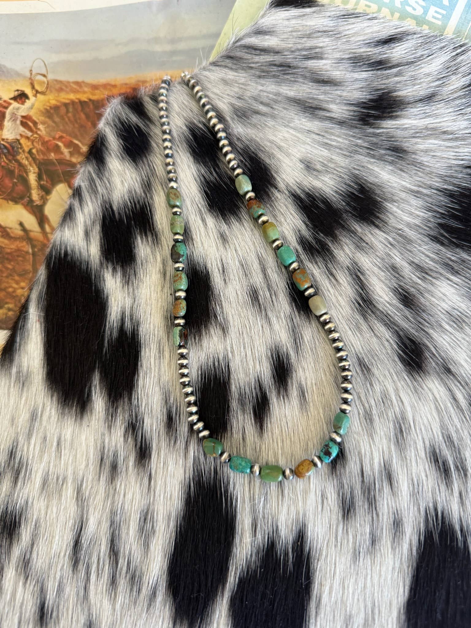 #080 Turquoise Square Beads with Sterling Pearls : 18"